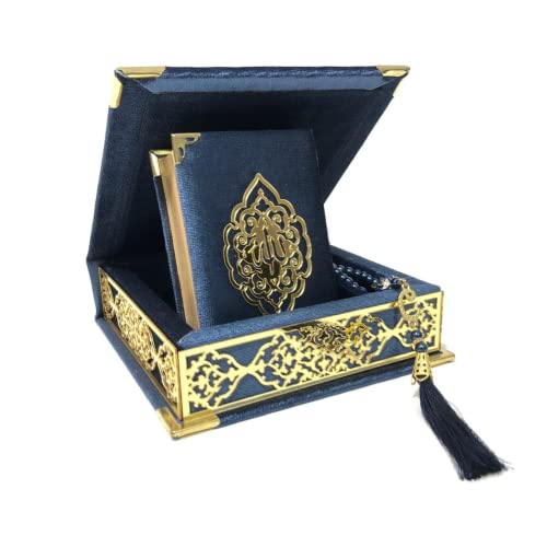 Velvet Covered Quran Tasbeeh Set - Holy Quran Prayer Beads, Wooden Gift Box, Islamic Wedding & Graduation Gift, Muslim Eid & Ramadan Favor (Navy Blue) - color: Navy Blue