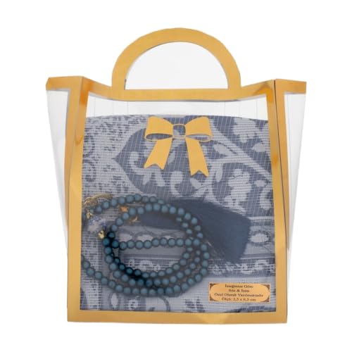 Prayer Rug and Tasbih Gift Set with Acetate Bag - Navy Blue | 25.6 x 43.3 in Polyester Cotton Blend | Includes Islamic Prayer Beads for Men and Women | appropriate Religious Gift Set for Ramadan, Eid,