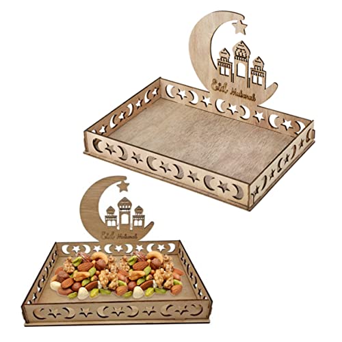 Ramadan Mubarak Fruit Racks,Eid Tray Ramadan Serving Tray Wooden Star Moon Dessert Pastry Tray Eid Tableware for Food Holder 2PCS Islamic Gifts
