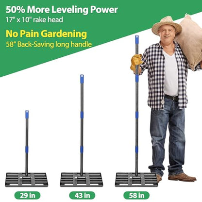 Lawn Leveling Rake, Heavy Duty Lawn Leveler with 17" x 10" Rakes Head Plate No Flipping, Smooth Garss Topsoil Dirt Sand, Metal Ground Leveling Tool with 5 ft Long Handle for Yard Garden Golf Course - size: 17"x10" , 5 ft