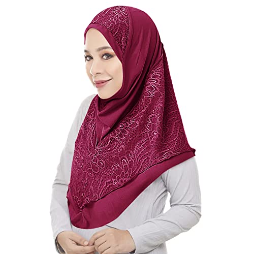 Women Muslim Hijab Scarf Floral Lace Head Wrap Turban Islamic Arab Ready to Wear Aiyah Amira Lightweight Shawl - color: Red