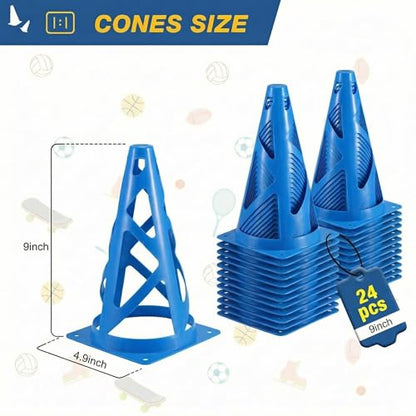 24 Pack Soccer Cones, 9 Inch Agility Cones for Soccer, Football, Basketball, Cones for Sports Training, Speed & Agility Drills, Field Marking Equipment - color: blue