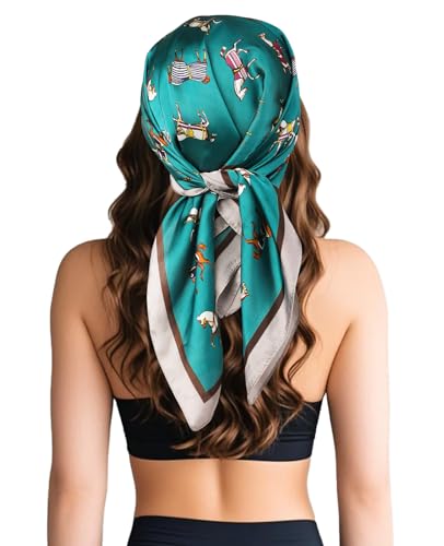 Sumolux Head Hair Scarf for Women Like Satin Silk Scarf Bandana Hair Wrapping Night Large Square Scarves 27.5" - color: Green Pony
