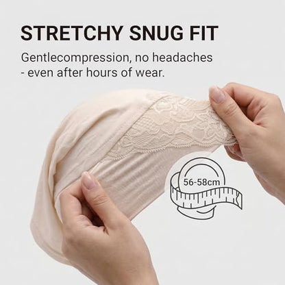 ZLYC Hijab Cap for Muslim Women Soft Stretchy Open-Back Underscarf Hat Breathable Inner Hijab Undercap - color: Lace Beige