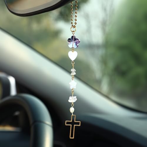 Car Rear View Mirror Accessories Car Hanging Ornament,Christian Cross Unique Rearview Decor Charm Rose Quartz Crystal Beads Cross Swinging Interior Decor,Christian Gifts for Women Men - color: Rose Quartz Cross