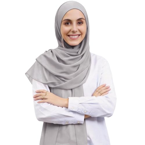 Instant Hijab Set 3-in-1 Chiffon Hijab Scarf for Women with Built-in Magnets and Undercap Head Wraps - color: Light Grey