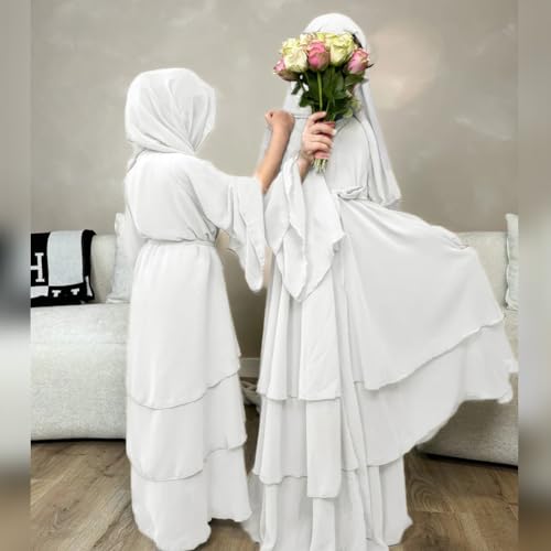IDOPIP Muslim Girls Abayas Dress for Kids Long Sleeve Chiffon Islamic Kaftan Robe Open Front Cardigan Prayer Dress with Hijab - color: White, size: 7-8 Years