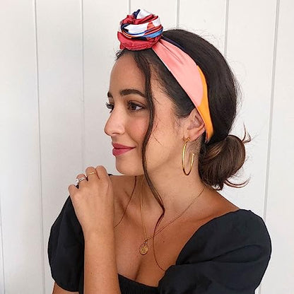 DRESHOW 35” Large Square Satin Head Scarf - 4Pcs Silk Accessories Classic Patterned Squares Beach Bandanas for Women - color: 4 Pcs: Orange, Burgundy, Lake Blue, Navy