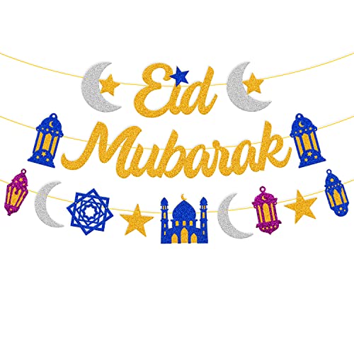 Eid Mubarak Banner Star Moon Lantern Castle Theme Party Supplies for Muslim Islamic Eid Al-fitr Festival Celebration Party Decorations （Gold）