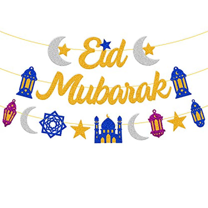 Eid Mubarak Banner Star Moon Lantern Castle Theme Party Supplies for Muslim Islamic Eid Al-fitr Festival Celebration Party Decorations （Gold）