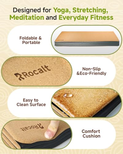 Rocalt Foldable Cork Yoga Mat, Non Slip Travel Pilates Workout Mat | 69 x 24 x 0.25 in, accordion-fold design, POE backing, carry strap for yoga, stretching and travel