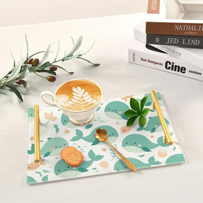 Bathroom Vanity Tray Counter Organizer, Turquoise Whales and Small Fish Pattern Decorative Tray with Handles Countertop Storage for Bathroom Bedroom Kitchen Home Farmhouse