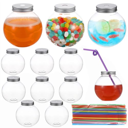 12 Packs Plastic Ivy Bowls Clear Fish Bowls with Lid and Straws, 16.9 oz Ball Shape Clear Drink Bowl Summer Drink Cups, Spherical Bulb Cups for Candy, Party Favors,Drinks