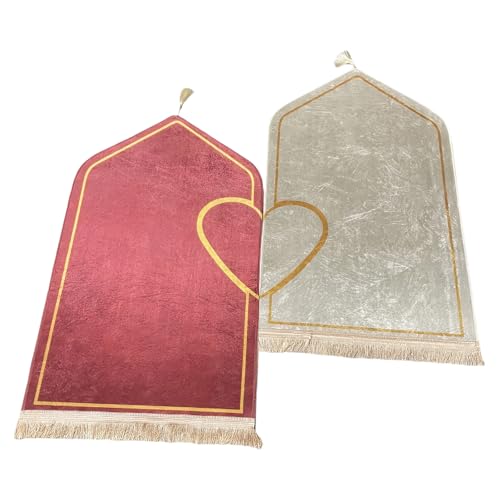 Soft Raschel Pile Praying Mat Set for Couples, 2 Pcs with Anti-Slip Base, 26.4 X 43.3 in / 67 X 110 Cm Prayer Rug, Heart Pattern, Great Islamic Gift