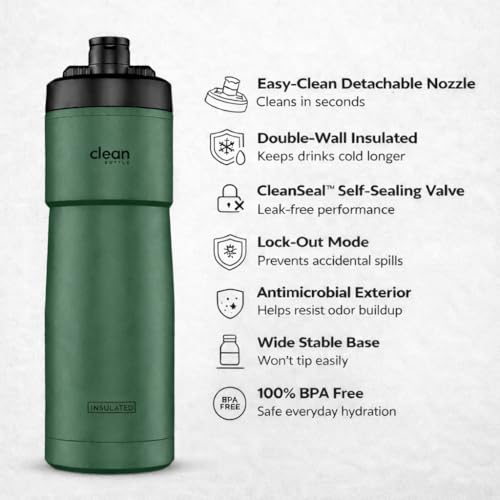 The Clean Hydration Co Insulated Bike Water Bottle 23 oz | Easy Clean Nozzle, Easy Squeeze Sports Bottle | BPA Free Cycling Bottle for Road & Mountain Biking, Gym & Travel | Matte Green - color: Matte Green