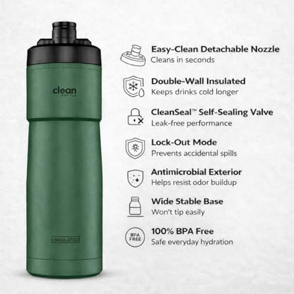 The Clean Hydration Co Insulated Bike Water Bottle 23 oz | Easy Clean Nozzle, Easy Squeeze Sports Bottle | BPA Free Cycling Bottle for Road & Mountain Biking, Gym & Travel | Matte Green - color: Matte Green