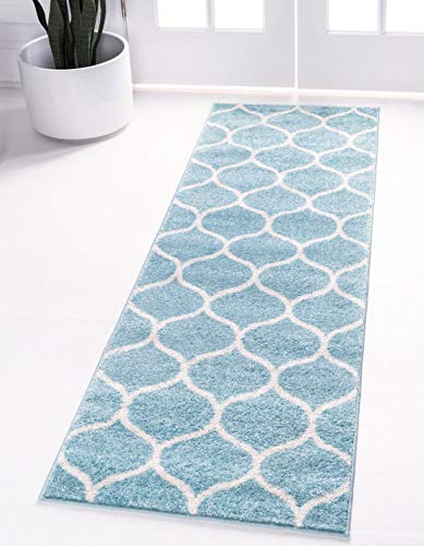 Unique Loom Trellis Frieze Collection Area Rug - Rounded (2' x 6' 1" Runner, Light Blue/ Ivory) - color: Light Blue / Ivory, size: 2' x 6'1" (Runner)