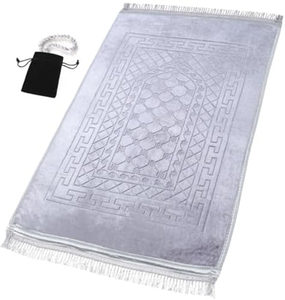 Prayer Rug Muslim Mat Islamic - Thick Prayer Rug Sajadah for Kids Men Women with Islam Prayer Beads for Eid Travel Ramadan, Soft and Luxury (Gray) - color: Grey