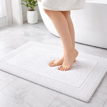 Bedding Craft 100% Cotton Bath Mat - Soft Hotel-Style Rectangular Bathroom Floor Rug - Plush, Water Absorbent Cloth Bathmat for Outside Bathtub/Shower, Machine Washable Cotton Bath Rug 21x34 White