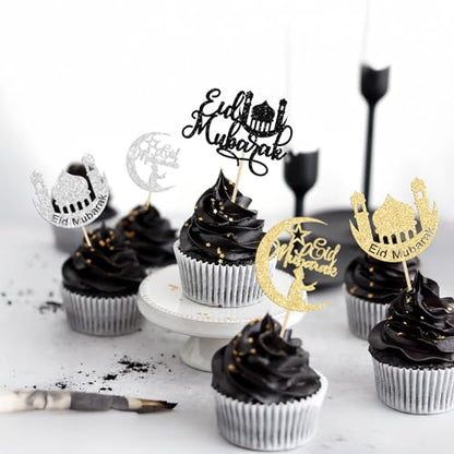 24 Pack Cupcake Toppers - Moon Star Happy Eid Mubarak Cupcake Picks - Islamic Muslim Theme - Ramadan Kareem Eid Party Cake Decorations - color: Gold-2