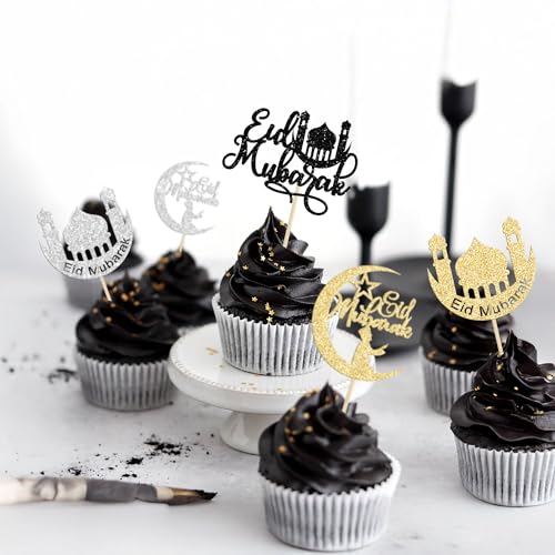 24 Pack Cupcake Toppers - Moon Star Happy Eid Mubarak Cupcake Picks - Islamic Muslim Theme - Ramadan Kareem Eid Party Cake Decorations - color: Gold-2