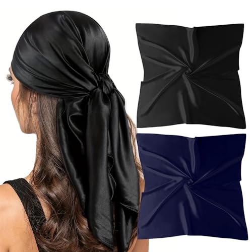 vimate 35" Square Silk Like Head Scarf - Women's Fashion Satin Scarf Bandana for Hair Wrapping at Night. - color: J1#. 2 Pack--black & Navy