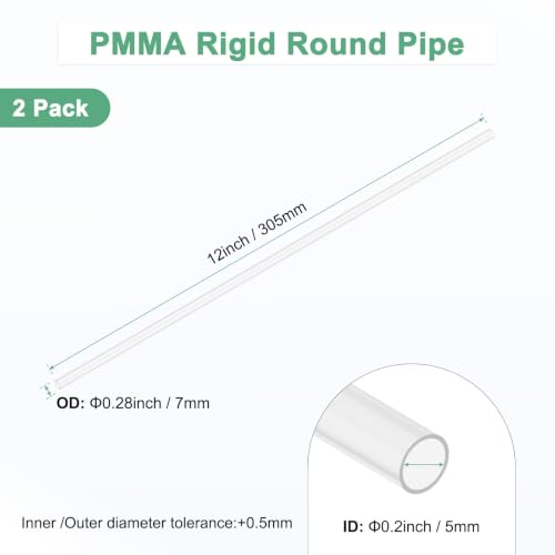 M METERXITY 2-Pack Clear Rigid Acrylic Pipe, 5mm[0.2"] ID x 7mm[0.28"] OD Plastic Round Tube for Water Cooling System/Lamps/Fountains/Aquariums/Display Stand, Acrylic Tubing [305mm/12IN] - size: 5mm ID x 7mm OD
