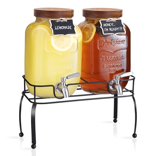 mustry Glass Drink Dispenser for Parties, 1 Gallon Beverage Dispenser with Stand and Spigot Solid Stainless Steel, Used as Lemonade Dispenser Sun Tea Jar Kombucha Jar, Set of 2 - size: Double, with Stand