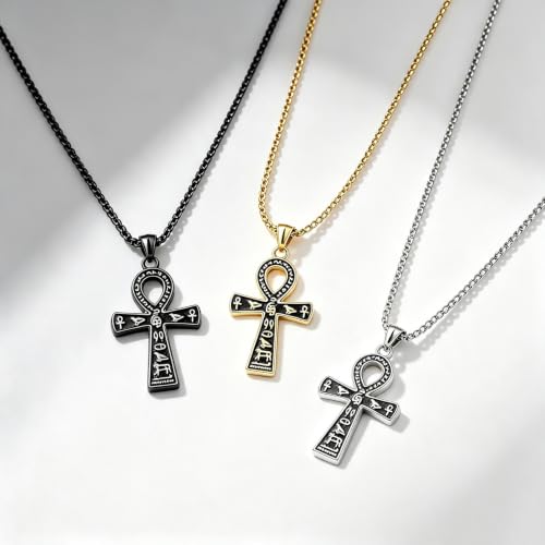 Ankh Cross Pendant Ancient Egyptian Hieroglyphic Symbol of Health and Eternal Life Men Cross Necklace with Tiger Eye Stone Obsidian Hematite Triple Protection Crystal Beads Chain - color: style 2
