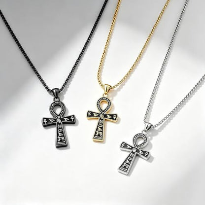 Ankh Cross Pendant Ancient Egyptian Hieroglyphic Symbol of Health and Eternal Life Men Cross Necklace with Tiger Eye Stone Obsidian Hematite Triple Protection Crystal Beads Chain - color: style 2