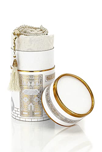ihvan online Muslim Prayer Rug and Prayer Beads with Elegant Design Cylinder Gift Box, Janamaz, Soft Sajadah, Islamic Gifts Set, Portable Prayers Carpet Mat, Taffeta Fabric, White - color: White