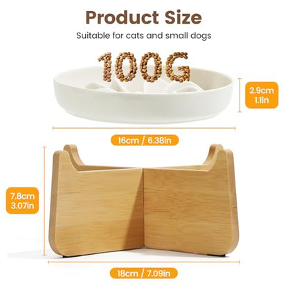 PETTOM Slow Feeder Cat Bowl with Stand, Ceramic Slow Eating Cat Bowl with Higher Edges, Elevated Cats Food Bowls for Dry and Wet Food Anti-Vomiting Puzzle Feeder for Healthy Eating Diet - color: Milky White