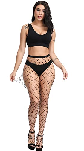 E-Laurels Womens High Waist Patterned Fishnet Tights Suspenders Pantyhose Thigh High Stockings Black - color: Black XL Hole