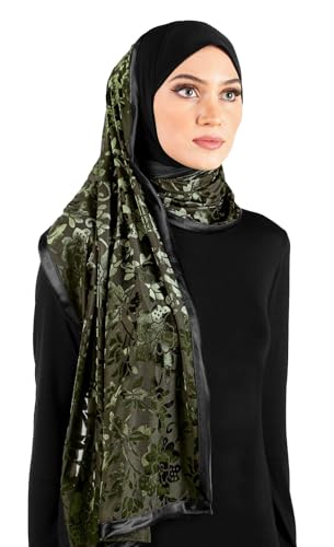 Stylish Mona Hijab Women's Black Kuwaiti with Chiffon Wrap Shawl & Satin Trim - color: Black With Green Velvet