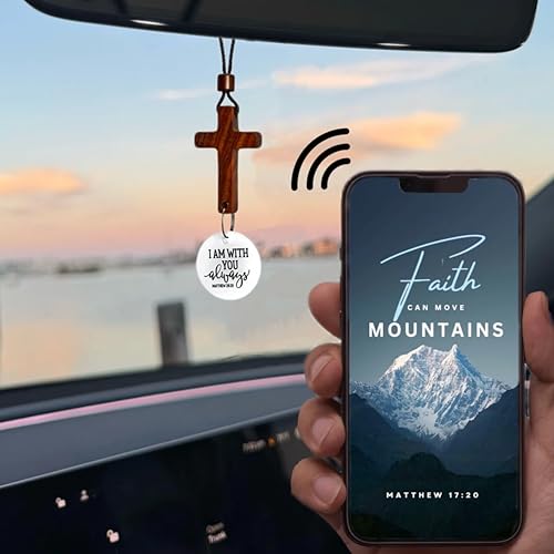 Daily Bible Verse Rearview Mirror Cross Ornament – Daily Scripture Car Charm Hanging Cross for Car with “I Am with You Always” Medallion (White) - color: White