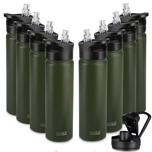 HASLE OUTFITTERS Insulated Water Bottle 22 oz Double Wall Stainless Steel Water Bottle Wide Mouth with Straw Lid & Spout Lid Keeps Cold or Hot(Army Green,8) - color: Army Green, size: 22oz- 8 Pack