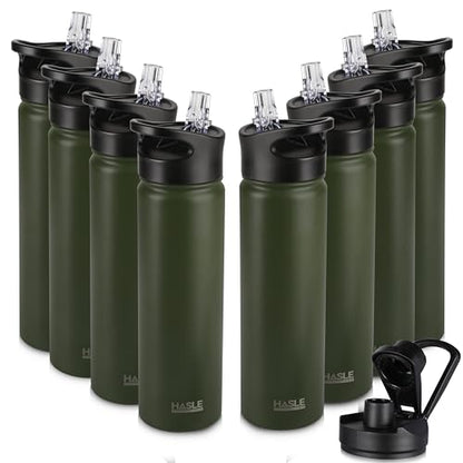 HASLE OUTFITTERS Insulated Water Bottle 22 oz Double Wall Stainless Steel Water Bottle Wide Mouth with Straw Lid & Spout Lid Keeps Cold or Hot(Army Green,8) - color: Army Green, size: 22oz- 8 Pack