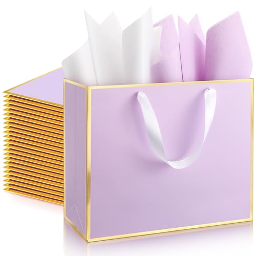 ReliThick 12 Pack Paper Gift Bag with Handles & Tissue, Lavender, Gold - color: Lavender, Gold