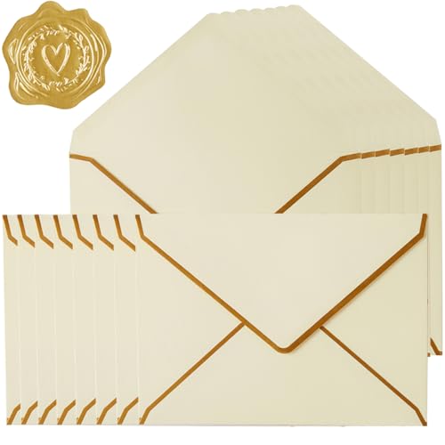 30 Pack 5x7 Envelopes Thick Paper Cream Color, 7.24x5.24 inches | Gold Border, A7 Greeting Cards Envelopes, Includes Stickers, For Invitation - color: Cream Color, size: 7.24x5.24 inches