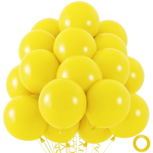 50pcs Yellow Balloons, 12inch Yellow Latex Party Balloons Helium Quality for Birthday Graduation Easter Bee Baby Shower Sunflower Party Decorations (with Ribbon & Glue) - color: Yellow