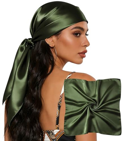 Sumolux Head Hair Scarf for Women 35" Like Satin Silk Scarf Hair Wrapping Night Bandana Large Square Scarves - color: A Solid Army Green