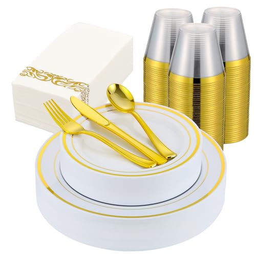 350 PCS Gold Plastic Dinnerware for 50 Guests, Gold and White Plastic Disposable Plates, 50 Dinner Plates, 50 Dessert Plates, 50 Silverware Set, 50 Cups, 50 Napkins for Party - color: Gold, size: 50 Guests