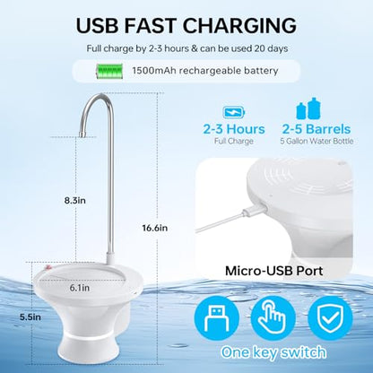 Water Dispenser for 5 Gallon Bottle, Electric Drinking Water Bottle Pump for 2-5 Gallon Jugs, USB Rechargeable Water Pump with 2 Switch Control for Home, Office, Camping - color: White