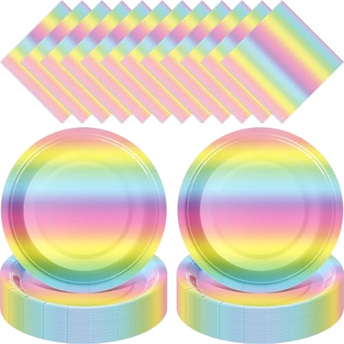 Zhehao 120 Pcs Disposable Paper Dessert Plates and Napkins Set, 7 Inch Party Cake Appetizer Plate with Napkin for Birthday Baby Shower Wedding Easter(Rainbow) - color: Rainbow