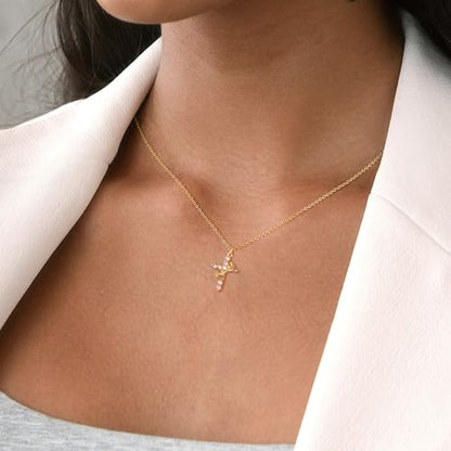 Robaice Upgraded Crown Cross Necklace for Women, 14K Gold Plated - color: M10 Tourmaline Pink, Oct