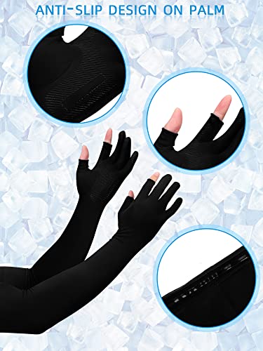 Bencailor 2 Pairs Sun Arm Sleeves for Men Women with 2 Finger Holes Anti Slip Long Cooling Arm UV Protective Sleeves - color: Black, White