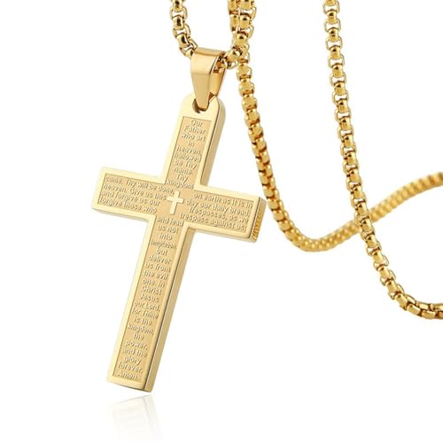 Cross Necklace Pendant Car Mirror Hanging Accessories, Stainless Steel Cross Car Rear View Charm with Bible Verse for Car, Truck, Home, Hanging Cross Car Ornament for Men Women (Gold) - color: Gold