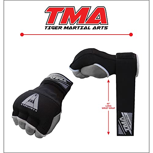 TMA Gel Padded Inner Gloves with Hand Wraps Boxing Gloves, Half Finger Elasticated Bandages, Kickboxing Wraps for Men, Women, Kids MMA, Muay Thai, Kickboxing (Pair) - color: Black, size: Large-X-Large