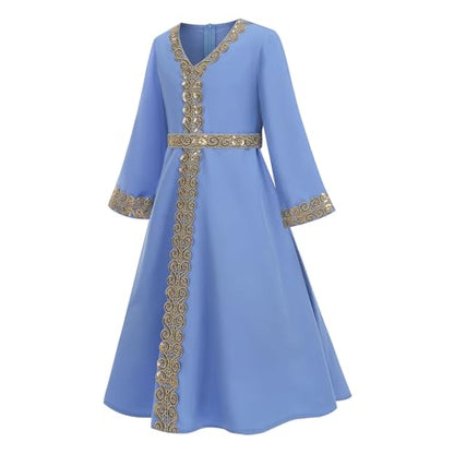OBEEII Girls Muslim Abaya Ramadan Long Bell Sleeve V Neck Sequins Church Prayer Dress with Belt Islamic Eid Robe Kaftan - color: Blue-sequins, size: 12-13 Years