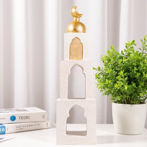 Decorative Mosque Tower with Gold Dome, Hand Painted,White and Gold - color: Mosque Tower Dome Statue